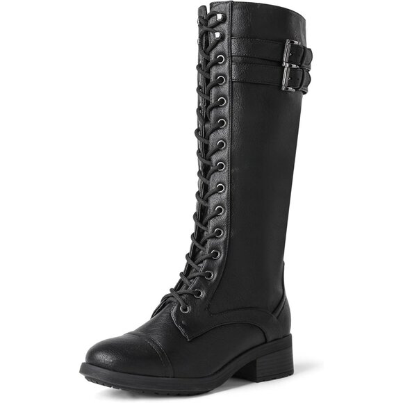 Women's Polyurethane Pu Georgia-Black Double buckle Knee High Riding Combat Boot - Picture 1 of 8